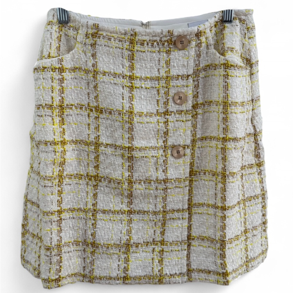 NWT CAbi SZ 8 Y2K  Coco Tweed Boucle White Yellow Checkered Pencil Mini Skirt - Picture 3 of 9